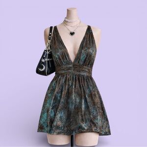 Vintage Y2K Metallic Plunge Mini Dress Brown Teal Shimmer Size M